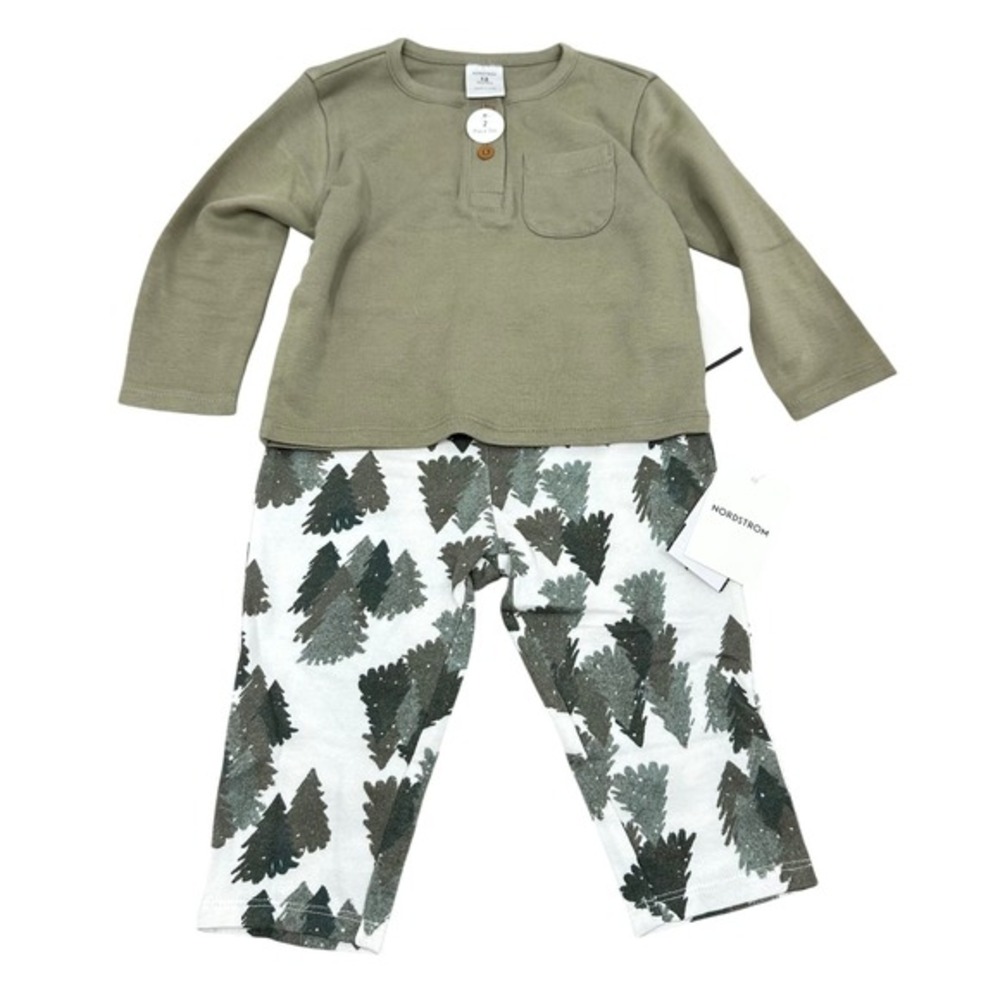Nordstrom 9M Baby Boy Green Top & Tree Print Pants Set NWT 2 Piece Winter